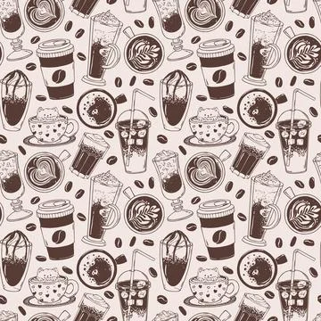 Coffee drinks seamless pattern doodle vector with latte art, to go cup, iced Stockillustratie