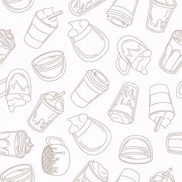 Coffee drinks seamless pattern in line art style. Coffee shop design or cafe Stock Illustration
