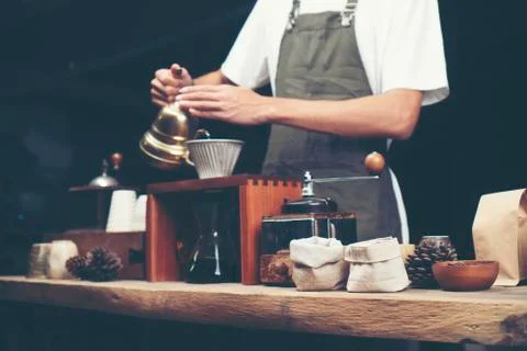 Coffee drip, coffee filter process, vintage filter image Stock Photos