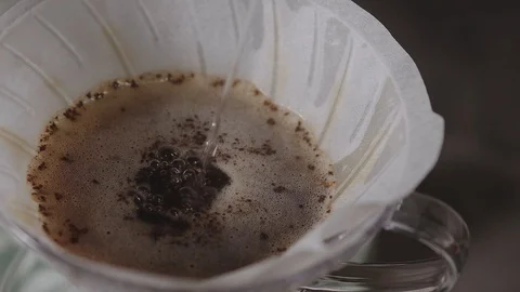 Coffee Drip Concept. Pouring Hot Water from Kettle into a Drpper. Making Hot Stock Footage 130048216