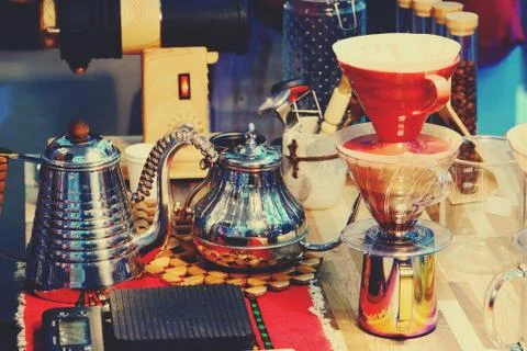 Coffee drip kettle for Hand drip coffee close up Stock Photos