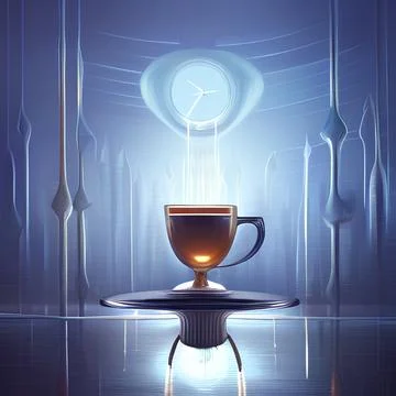 Coffee drips down into a beautiful cup the clock is reflected in the table Stock Illustration