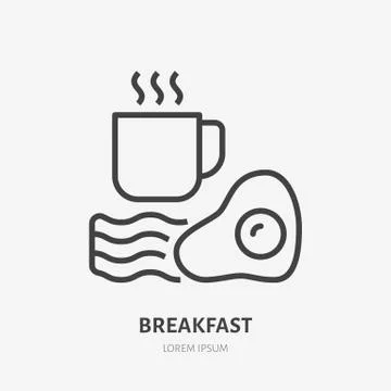 Coffee, eggs, bacon flat line icon. Vector thin sign, illustration of breakfast Stock Illustration