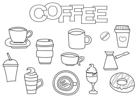 Coffee elements hand drawn set. Coloring book template.  Outline doodle Stock Illustration