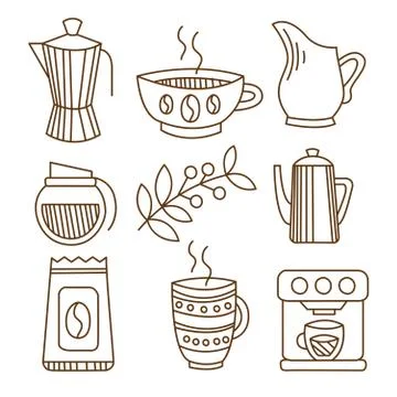 Coffee Elements in Handdrawn Linear Style. Vector Illustration Set 库存插图