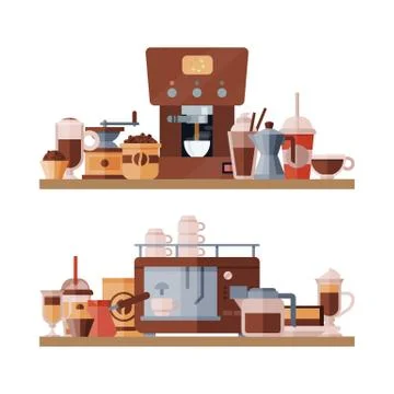 Coffee elements shelf vector illustration. Cappuccino, espresso and latte drinks Stock Illustration