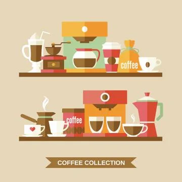 Coffee elements on shelves Stock Illustration