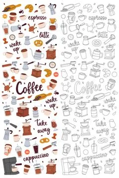Coffee elements in vertical banner. Beans, drinks, cups, pot, package, grinder Illustrazione stock