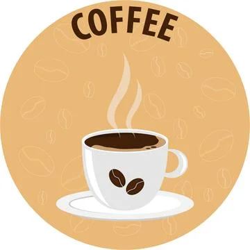 Coffee emblem with hot cup beans and text on brown round background vector Stock Illustration
