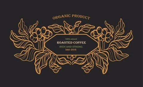 Coffee emblem. Vector vintage pattern. Nature tree, art line branch, leaves,  Stock Illustration