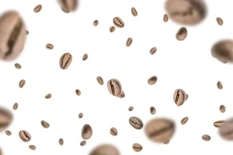 Coffee falling bean background. Black espresso coffee bean flying on white. A 스톡 사진