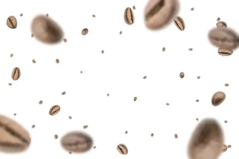 Coffee falling bean background. Black espresso coffee bean flying on white. A Stock Photos