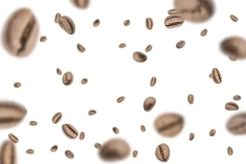 Coffee falling bean background. Black espresso coffee bean flying on white. A Stock Photos