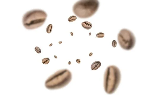 Coffee falling bean background. Black espresso coffee bean flying on white. A Stock Photos