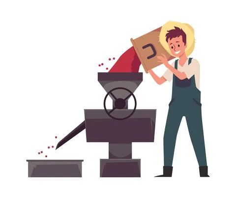Coffee farmer man putting beans into grinder flat vector illustration isolate Stock Illustration