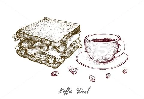 Coffee First, Illustration Hand Drawn Sketch of A Cup of Coffee with Grilled Stock Illustration