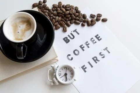 Coffee first quote with clock Stock Photos