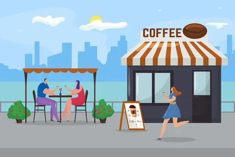 Coffee at flat city cafe, vector illustration. People character at street Ilustração Stock
