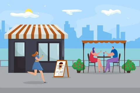 Coffee at flat city cafe, vector illustration. People character at street Ilustração Stock