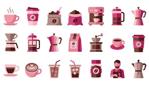 Coffee flat vector icon set cafe menu elements Stock Illustration