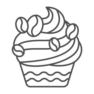Coffee flavored cupcake with coffee beans frosting thin line icon, pastry Illustration