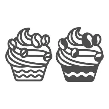 Coffee flavored cupcake with coffee beans frosting line and solid icon, pastry Stock Illustration