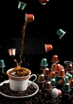 Coffee flows from a floating capsule into a cup, surrounded by capsules and Stock Photos