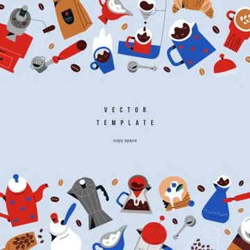 Coffee frame template with doodle illustrations of coffee shop objects, utensils Stock Illustration