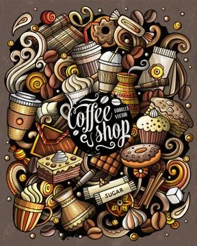 Coffee funny hand drawn vector doodles illustration. Stock Illustration