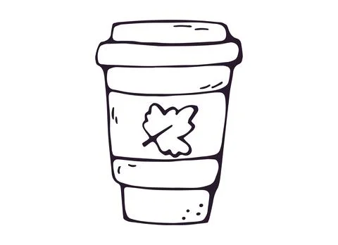 Coffee To Go Cup with Autumn Leaf Hand Drawn Doodle Stock Illustration