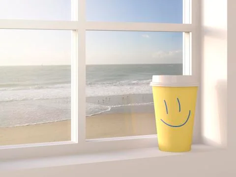 Coffee to go cup on window sill, beach in the background, 3D Rendering Ilustración de archivo