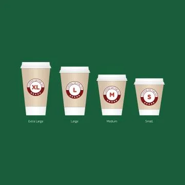 Coffee on the go cups. Different sizes of take away paper coffee cups vecto.. Illustrazione stock