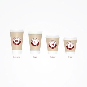 Coffee on the go cups. Different sizes of take away paper coffee cups vecto.. Stock Illustration