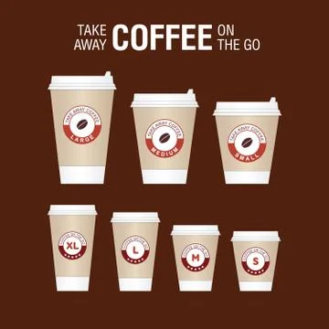 Coffee on the go cups. Different sizes of take away paper coffee cups vecto.. Stock Illustration