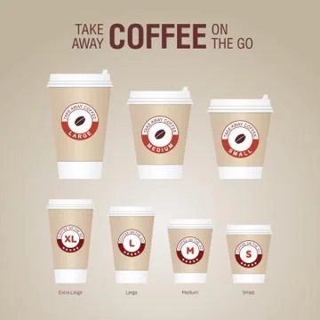 Coffee on the go cups. Different sizes of take away paper coffee cups vecto.. Stock Illustration