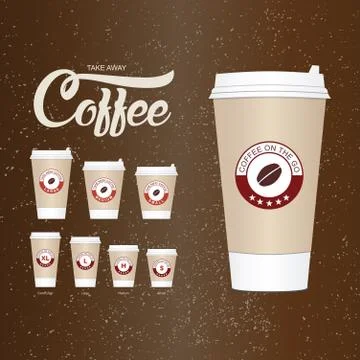 Coffee on the go cups. Different sizes of take away paper coffee cups vecto.. Stock Illustration
