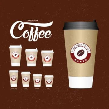 Coffee on the go cups. Different sizes of take away paper coffee cups vecto.. Stock Illustration