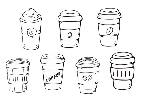 Coffee To Go Cups Set of 7 Hand Drawn Doodle Icons Stock Illustration