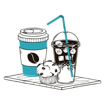 Coffee to go set doodle vector with paper cup, iced drink with straw and Stock Illustration