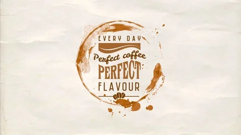 Coffee goods inside a tan cup splash over a creased napkin texture and script Stock Footage 128847206