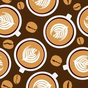 Coffee grain pattern and mugs on a dark brown background. For use in printing on Stock Illustration