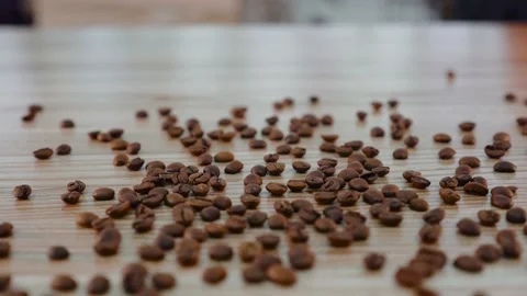 Coffee grains close up. Side view selective focus. Stock Footage 141776680
