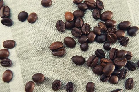 Coffee grains scattered on a patterned tablecloth Stock Photos