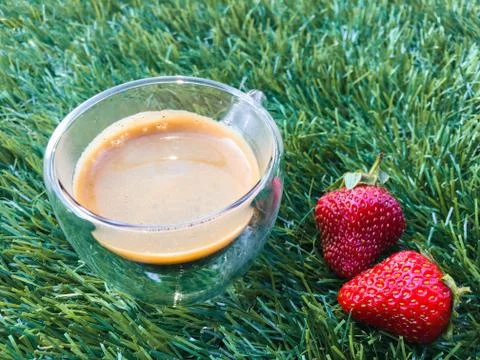 Coffee on the grass with strawberries Stock Photos