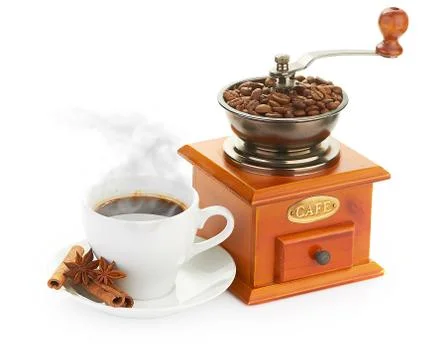 Coffee greander, cup  and beans Stock Photos