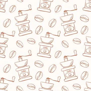 Coffee grinder and coffee beans seamless pattern in line art style. Hand crank Stock Illustration
