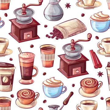 Coffee Grinder and Cup, Beans and Cezve Pot Pattern イラスト素材