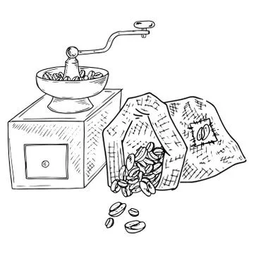 Coffee grinder with a bag of coffee beans icon. Vector illustration of a fabr Stock Illustration