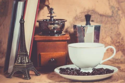 Coffee grinder Coffee pot on the map Stock Photos