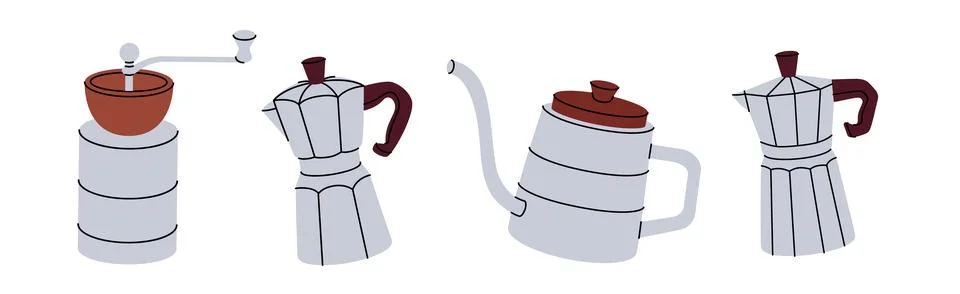 Coffee grinder, metallic coffee maker, goose neck coffee kettle. Hand drawn Stock Illustration